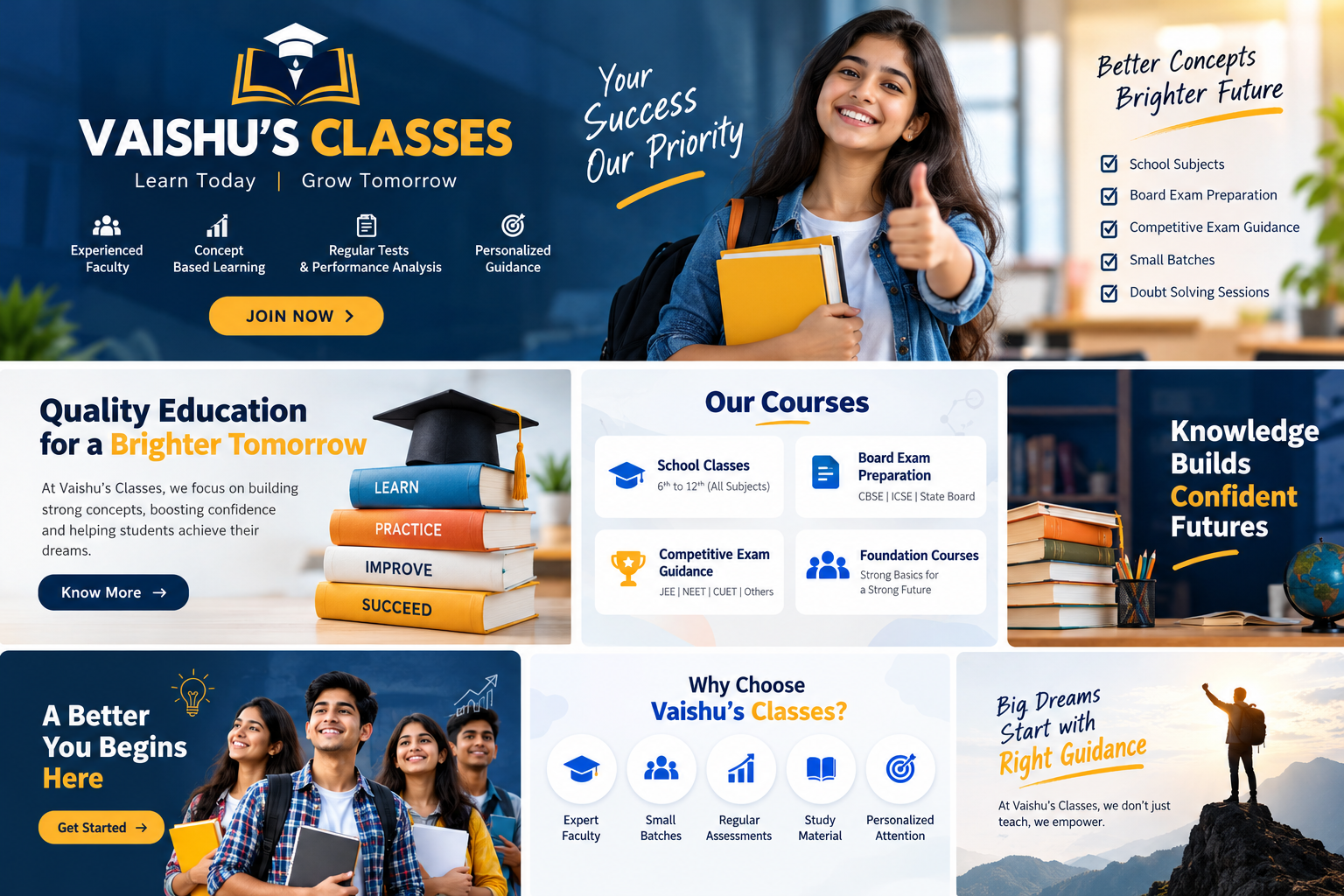 Vaishu's Classes promotional poster featuring students and education courses